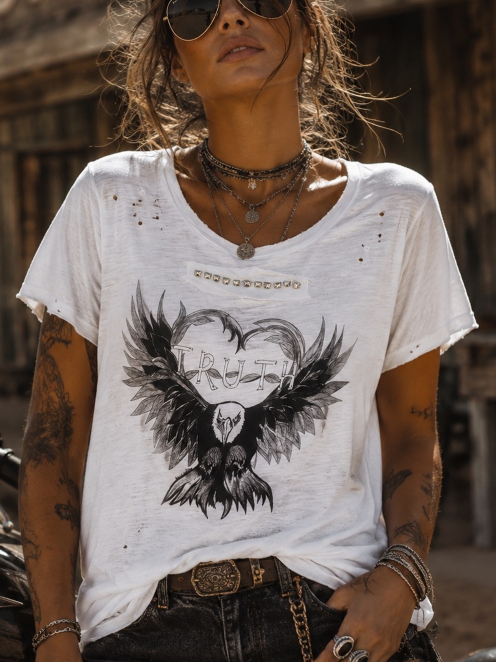 A Rare Bird “Truth” Eagle Graphic Distressed Studded Tattered T-Shirt S/M NWT